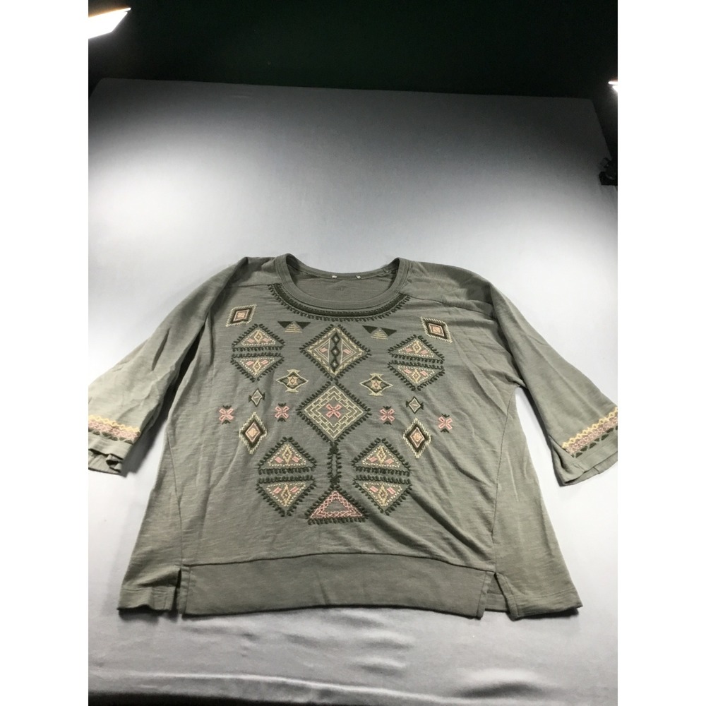 Fall Olive Green Embroidered Boho Top L 3/4 Sleeve Geometric Western Slub Knit